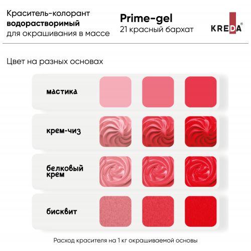 Prime-gel 21 красный бархат, краситель водорастворимый пищевой